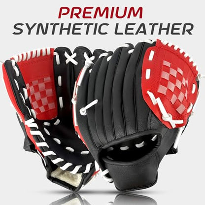 Baseball Glove + Ball Sets, Softball Glove, Baseball Mitt, 10.5''-12.5'' for Youth/Adult Training and Beginner Play, Synthetic Leather Softball Mitt - color: Black,Red, size: 10.5"