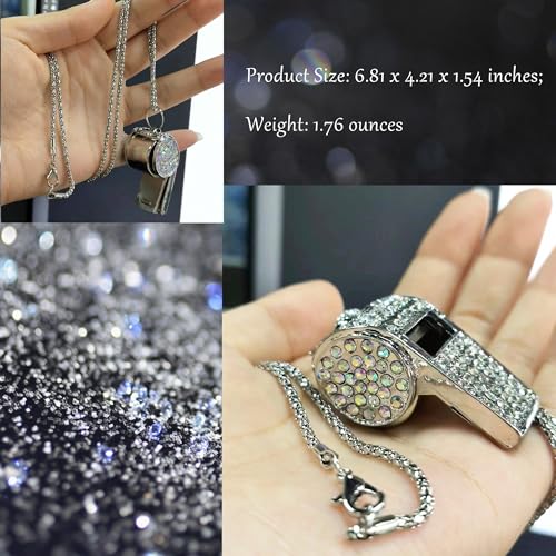 Metal Crystal Rhinestone Whistle - Shining Bling With Chain for Referees, Coaches, Teachers, Police, Training (Silver)