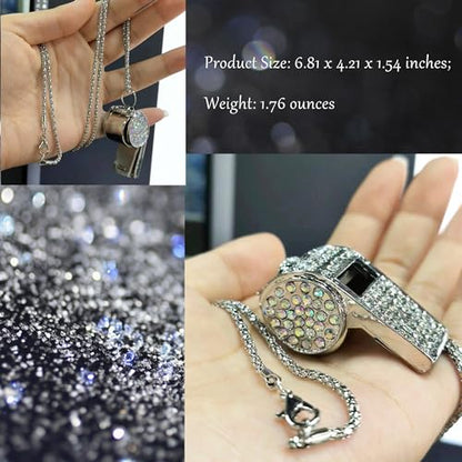 Metal Crystal Rhinestone Whistle - Shining Bling With Chain for Referees, Coaches, Teachers, Police, Training (Silver)