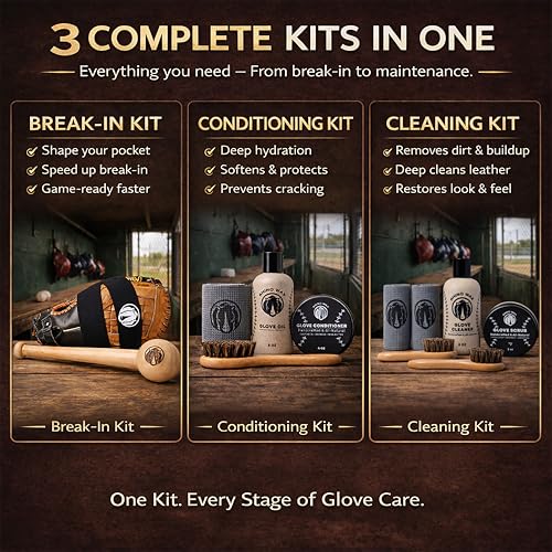 Rhino Wax - Baseball Golden Glove Break-in Kit - Oil for Ball Gloves, Mitt Conditioner, Glove Scrub, Daily Cleaner, Mallet, Wrap, Brushes, & 2 Microfiber Cloths - for Breaking in and Maintaining