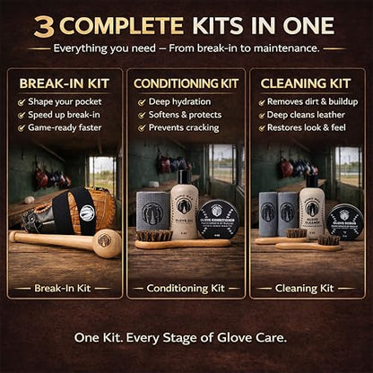 Rhino Wax - Baseball Golden Glove Break-in Kit - Oil for Ball Gloves, Mitt Conditioner, Glove Scrub, Daily Cleaner, Mallet, Wrap, Brushes, & 2 Microfiber Cloths - for Breaking in and Maintaining