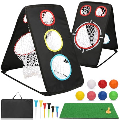 Golf Chipping Net: Ultra-Portable Dual-Sided Triple Target Training System with 400D Canvas for Indoor/Outdoor Backyard Practice – Includes Mat & Foam Balls & Golf Tees (Golfer Gift)