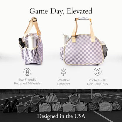 Pik’le’Ball Sport Premium Women's Pickleball Bag – Stylish and Versatile Sports Bag with Water Bottle Holder, Padded Paddle Pocket, and Spacious Design (fits 2+ Paddles!) - color: Checkered Chic Tan