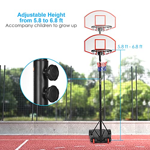 GYMAX Basketball Hoop, 7.1-8.1FT Adjustable Basketball System w/Shatterproof Backboard, Fillable Base, 2 Wheels & Nets, All Weather Portable Basketball Goal for Kids Teens Adults, Indoor Outdoor Gym