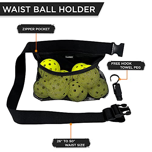 CoolNES - Ball Holder for Pickleball Tennis Golf - Adjustable Waist with Towel Hook Peg Accessories Space