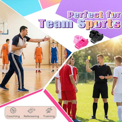 2 PCS Plastic Whistle for Coaches, Pink and Black Sports Whistle with Lanyard Plastic Sports Whistles Loud Crisp Sound Whistles with Mouth Grip for Outdoor Sport Referees Officials Emergency Survival