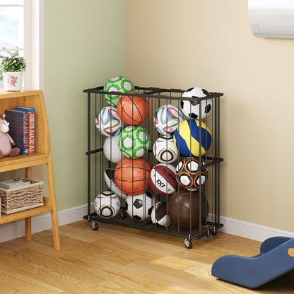 Hencawima Large Garage Ball Storage, Rolling Floor Sports Equipment Organizer: Freestanding Ball Rack with Elastic Rope–, Ball Holder for Basketball, Soccer, Football, Volleyball, Garage, Gym, Black - size: Large, style: With Wheels,Rectangle