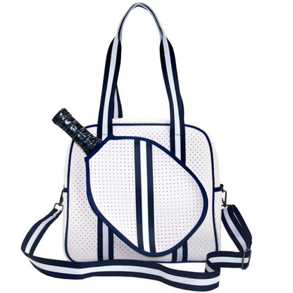 Pickleball Sports Tote Bag with Racket Holder, Neoprene, Adjustable Shoulder Strap - color: White
