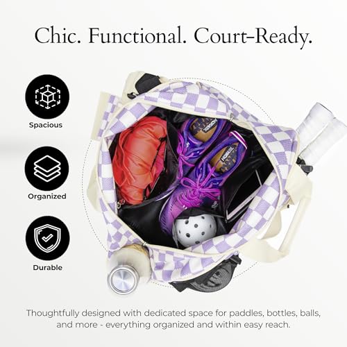 Pik’le’Ball Sport Premium Women's Pickleball Bag – Stylish and Versatile Sports Bag with Water Bottle Holder, Padded Paddle Pocket, and Spacious Design (fits 2+ Paddles!) - color: Checkered Chic Tan