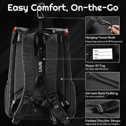 A11N SPORTS Tournament Pickleball Bag Backpack for Men & Women, Holds 4 Paddles, Shoe Compartment, Fence Hook - color: Black/Red