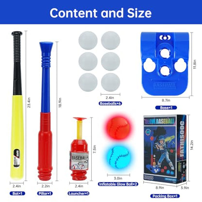 2 in 1 Glow In The Dark T Ball Sets for Kids 3-5 5-8,Light up Tee Ball Set with Automatic Pitching Machine/Adjustable Glow Batting Bat & Stand/6 Balls /2 Glow Balls, Baseball Toys for Toddlers Boys