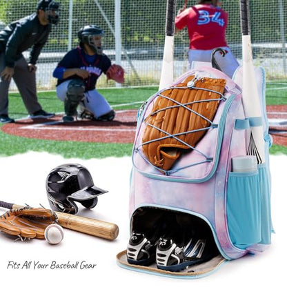 Youth Baseball Bag Backpack with Bat Holder for Boys Girls Baseball & Softball Bat Bag for T-Ball Equipment, Kids Baseball Backpack with Shoe Compartment & Glove Storage - color: Pastel Galaxy