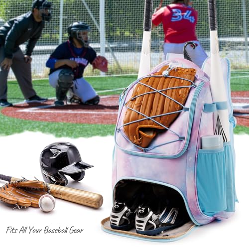 Youth Baseball Bag Backpack with Bat Holder for Boys Girls Baseball & Softball Bat Bag for T-Ball Equipment, Kids Baseball Backpack with Shoe Compartment & Glove Storage - color: Pastel Galaxy