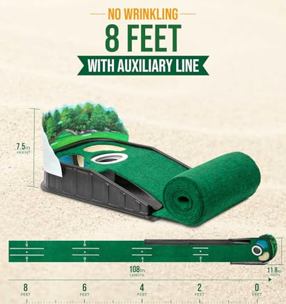 Putting Green Indoor - Golf Putting Mat boasts Genuine Green Speed and a Wrinkle-Free Surface. 8ft Practice Putting Mat with lenticular 3D Backplate, Alignment Guides and Ball Return