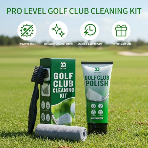 XQ XIAO QIAO Golf Club Cleaning kit, 3-in-1 Easy to Use Golf Club Cleaner Includes 250ml Golf Club Polish, Golf Club Brush and Groove Cleaner 2 ft Retractable Zipline Carabiner, Microfiber Cloth
