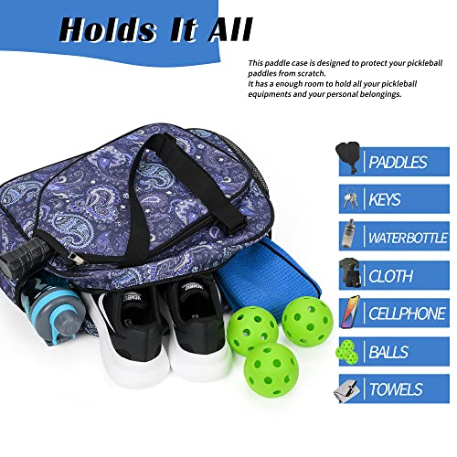 Boulder Bee Pickleball Bags, Premium Pickleball Tote Bag for Girls, Women’s Hand/Shoulder Gym Bag w Water Bottle Holder, with Pickleball Racquet/Paddle Holder - color: Blue cashew flower