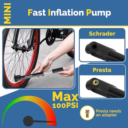 Bike Pump, Mini Bicycle Pump 100 PSI with Dual Valve Schrader Presta, Portable Bike Tire Inflator with Extension Hose & Mounting Bracket for Road Bike, Mountain Bike, Ball and Sports Equipment