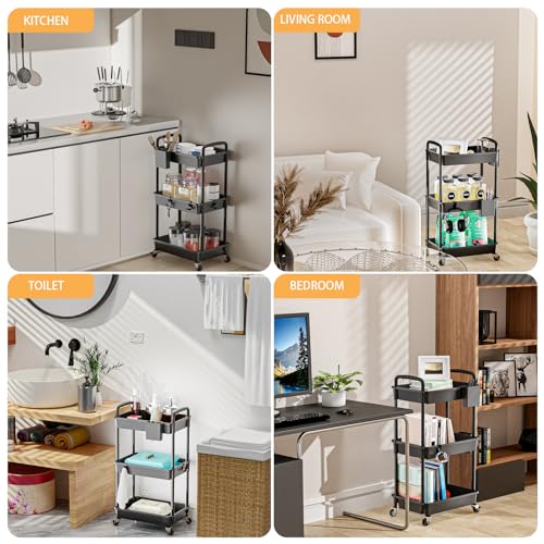3 Tier Rolling Utility Cart with Handle,REBECAT Utility Cart Made of Multifunctional Storage Organizer Tool for Kitchen,Bathroom,Living Room,Office(Black) - color: Black