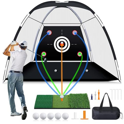 MoKo Golf Net with Practice Mat, 10 x 7 ft Golf Hitting Net for Outdoor Indoor Backyard Driving Chipping Swing Training, All-in-One Multi-Target Practice Nets, Gifts for Men Dad Him and Golfer