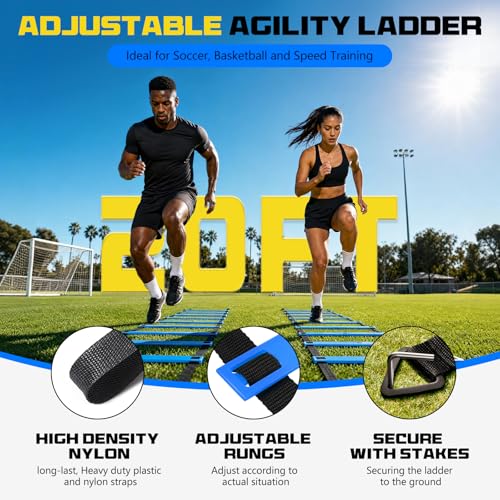 2 Pack 20ft Agility Ladder Set, 40ft Total Adjustable Speed Ladder with 12 Cones, 8 Stakes, 1 Carry Bag - Parallel Footwork Drills Gear for Football Soccer Basketball Training Equipment - color: Blue