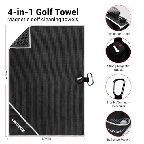 4-in-1 Magnetic Golf Towel with Brush & Cleaning Pocket - Premium Construction Golf Towel- Super Strong Golf Club Cleaner- Microfiber Waffle Design-15.7" X 23.6" Golf Accessories and Gifts for Men - color: Black
