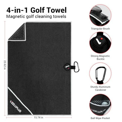 4-in-1 Magnetic Golf Towel with Brush & Cleaning Pocket - Premium Construction Golf Towel- Super Strong Golf Club Cleaner- Microfiber Waffle Design-15.7" X 23.6" Golf Accessories and Gifts for Men - color: Black