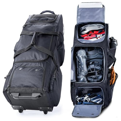 Large Rolling Baseball Catchers Gear Bag with Wheels, Softball Bag with Hard Backing for 4 Bats,Equipment Bag with Separate Shoe & Helmet Compartments, Youth Baseball Bag with 360° Spinner Wheels - color: Black, size: Style B - Heavy-Duty Rolling Base