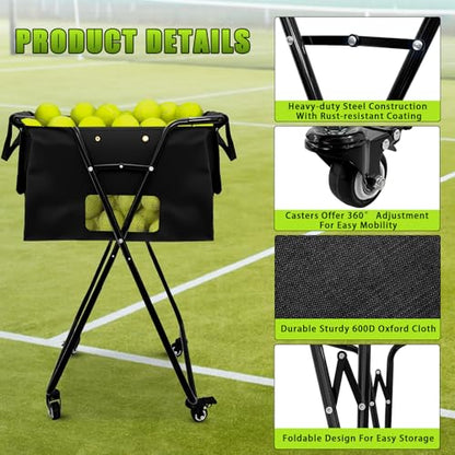 Tennis Ball Hopper Cart with 4 Wheels，Foldable Large Capacity Pickleball & Tennis Ball Collector for Court Training, Coaching