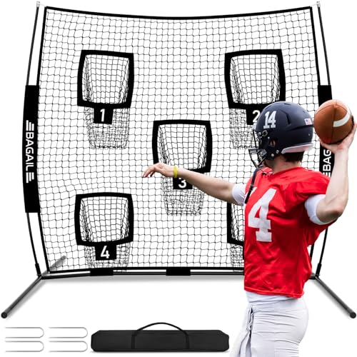 BAGAIL Football Throwing Net - 5 or 9 Target Pockets, Easy Setup, Heavy-Duty - Portable QB Accuracy Trainer, Fun Target Practice Net for Football with Carry Bag - color: Black, style: 7'x 7' - 5 Pockets