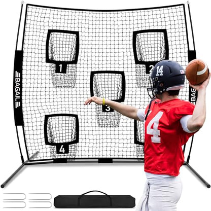 BAGAIL Football Throwing Net - 5 or 9 Target Pockets, Easy Setup, Heavy-Duty - Portable QB Accuracy Trainer, Fun Target Practice Net for Football with Carry Bag - color: Black, style: 7'x 7' - 5 Pockets