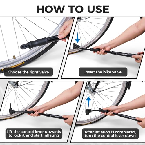 NUWAB Mini Bike Pump, 10 Inch Portable Hand Bicycle Pump, 100PSI, Support Shrader and Presta, Fast Air Out Ball Pump, Work with All Bikes and Balls, Swimming Ring, Come with Ball Needles, Nozzles