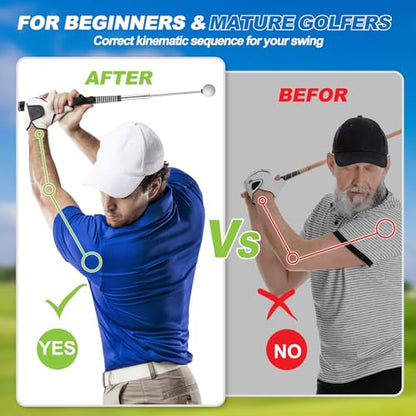 5-in-1 Retractable Golf Swing Training Aid, Indoor & Outdoor Practice Golf Swing Trainer with Arm Band Right/Left-Handed Swing Mechanics for Beginners & Tempo Training for Advanced, Click Feedback