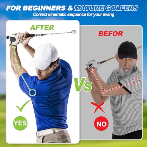 5-in-1 Retractable Golf Swing Trainer – Right/Left-Handed Golf Training Aid with Arm Band Swing Mechanics for Beginners & Tempo Training for Advanced, Click Feedback, Arm Connection