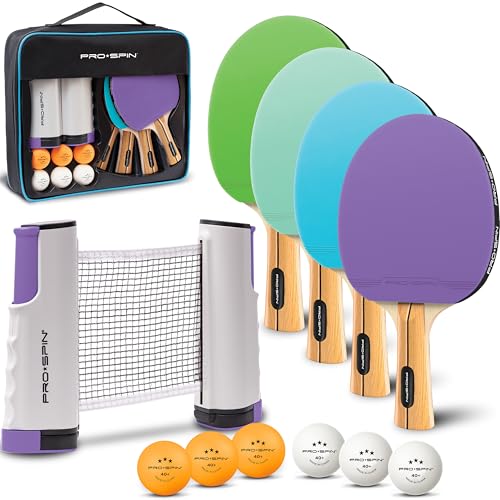 PRO-SPIN Portable Ping Pong Set with Retractable Ping Pong Net for Any Table, All-in-One Table Tennis Set with Ping Pong Paddles, Balls & Case, Table Top Family Game - color: 4-Player Set | Purple/Blue/Mint/Green