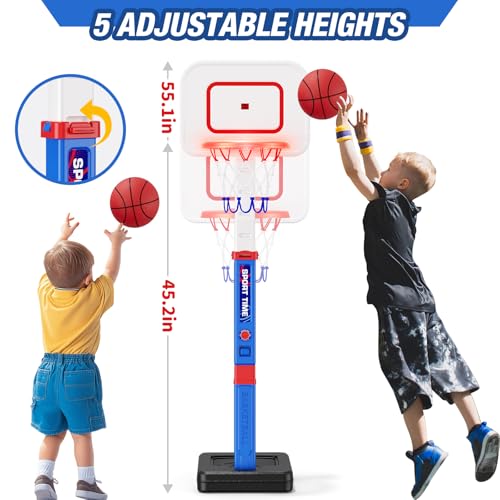 HYES Toddler Basketball Hoop with Scoreboard/LED Basketball Rim/4 Balls, 55" Height Adjustable Basketball Hoop for Kids 3-5, Indoor Outdoor Sport Toys Birthday Gifts for Baby Boys Girls