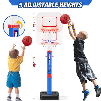 HYES Toddler Basketball Hoop with Scoreboard/LED Basketball Rim/4 Balls, 55" Height Adjustable Basketball Hoop for Kids 3-5, Indoor Outdoor Sport Toys Birthday Gifts for Baby Boys Girls