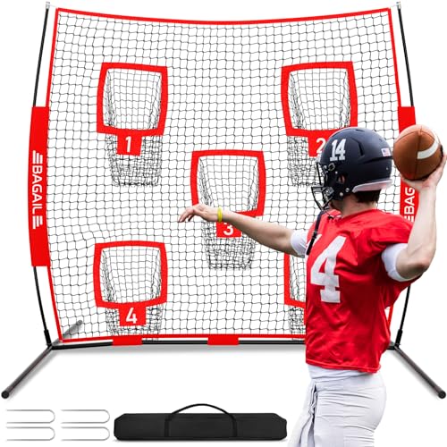 BAGAIL Football Throwing Net - 5 or 9 Target Pockets, Easy Setup, Heavy-Duty - Portable QB Accuracy Trainer, Fun Target Practice Net for Football with Carry Bag - color: Red, style: 7'x 7' - 5 Pockets