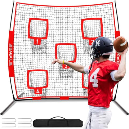 BAGAIL Football Throwing Net - 5 or 9 Target Pockets, Easy Setup, Heavy-Duty - Portable QB Accuracy Trainer, Fun Target Practice Net for Football with Carry Bag - color: Red, style: 7'x 7' - 5 Pockets