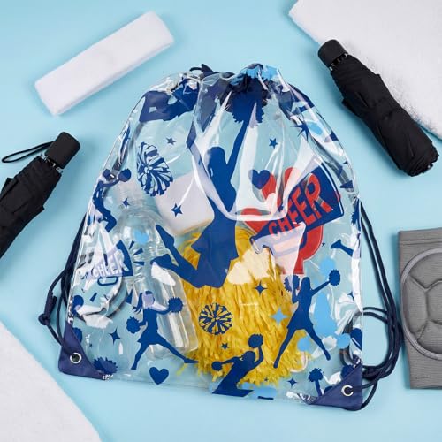 Cholemy 12 Pcs Clear Cheer Drawstring Bags for Cheerleaders 17 x 13 Inch, Transparent Sports Cheerleading Gift Goodie Treat Bags for Team, Waterproof String Backpacks for Girls Cheer Camp - style: Cheer Style
