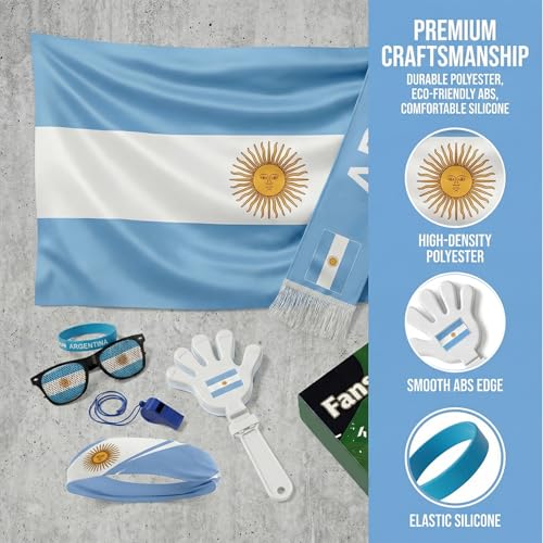 Soccer Fan Gear Set 2026-7 Piece Game Day Kit with Flag, Scarf, Glasses, Whistle, Clapper, Wristband & Headband in Gift Box - Watch Party & Stadium Essentials for Argentina - color: Argentina