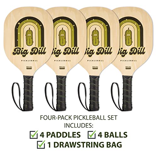Big Dill Pickleball Paddle Set of 4 Wooden Rackets and Pickle Balls – Beginner Pickleball Kit with Balls & Carry Bag for Family, Group Play & Outdoor Games