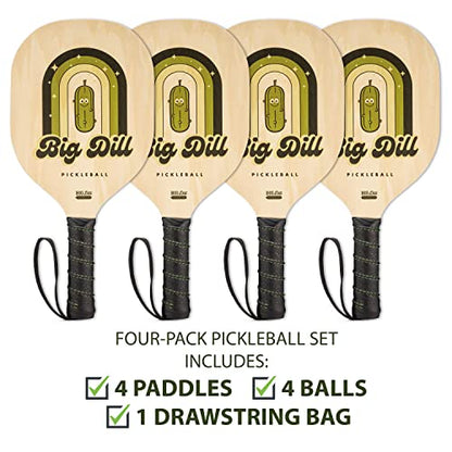 Big Dill Pickleball Paddle Set of 4 Wooden Rackets and Pickle Balls – Beginner Pickleball Kit with Balls & Carry Bag for Family, Group Play & Outdoor Games