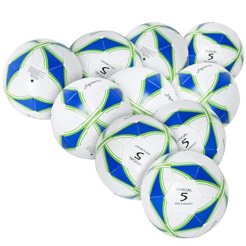 Aoneky Adult Size 5 Traditional Soccer Ball - Ships Deflated, Pump Included - color: White/Blue, style: 10-Pack Deflated Ball with Pump
