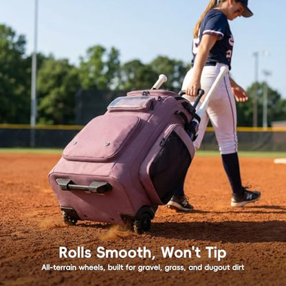 KAVIGOR 80L Rolling Baseball & Softball Bag for Youth & Adult, Holds 3 Gloves & 4 Bats, Custom Team Panel, Travel Ball Ready - color: Berry Pink