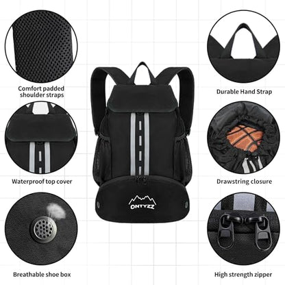 ONTYZZ Sports Backpack with Drawstring Closure Basketball Backpack with Shoe Compartment Swim Beach Bag - color: Basics-Black