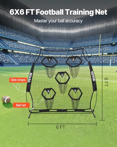 VEVOR 6x6ft Football Trainer Throwing Net, Training Throwing Target Practice Net with 5 Target Pockets,Football Training Equipment Includes Portable Carry Case,Great for Quarterback - color: Black