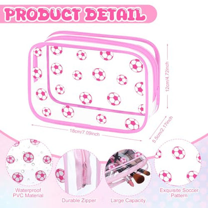 Kacctyen 24 Pcs Pink Soccer Clear Makeup Bag with Zipper Bulk Sport Goodie Clear PVC Pouch Organizer Waterproof Travel Case for Woman Team Gifts Birthday Decorations Supplies Favors - style: Pink Soccer
