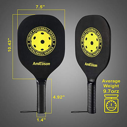 Amicoson Pickleball Paddles - Set of 4 Wooden Paddles, Indoor & Outdoor Balls, Ergonomic Grip, 8 Balls & 1 Carry Bag