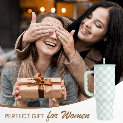 Checkered Tumbler with Handle 40oz, Mint Checker Cup Stainless Steel Insulated Tumblers Coffee Travel Mug Cups with Straw, Gifts for Women Girls Teen Birthday Christmas - color: Checker