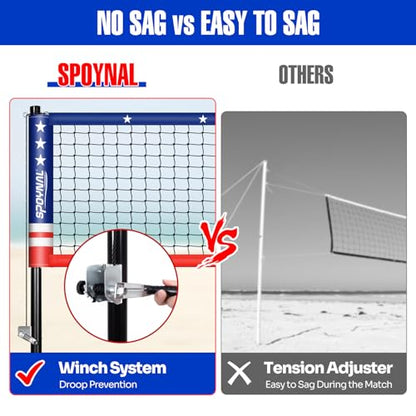 SPOYNAL Outdoor Portable Volleyball Net Set with Adjustable Height Steel Poles, Volleyball, Anti-sag Winch System, Pump, Boundary Line, and Carry Bag for Backyard, Beach, Lawn Red&Blue